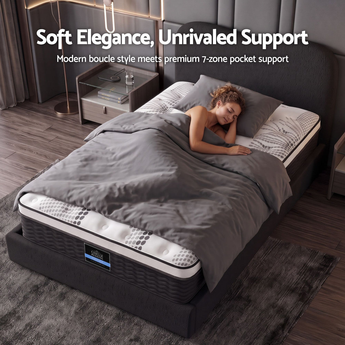 Quartz Bed & Mattress Package with 32cm Mattress Boucle Bed Frame - Black King Single