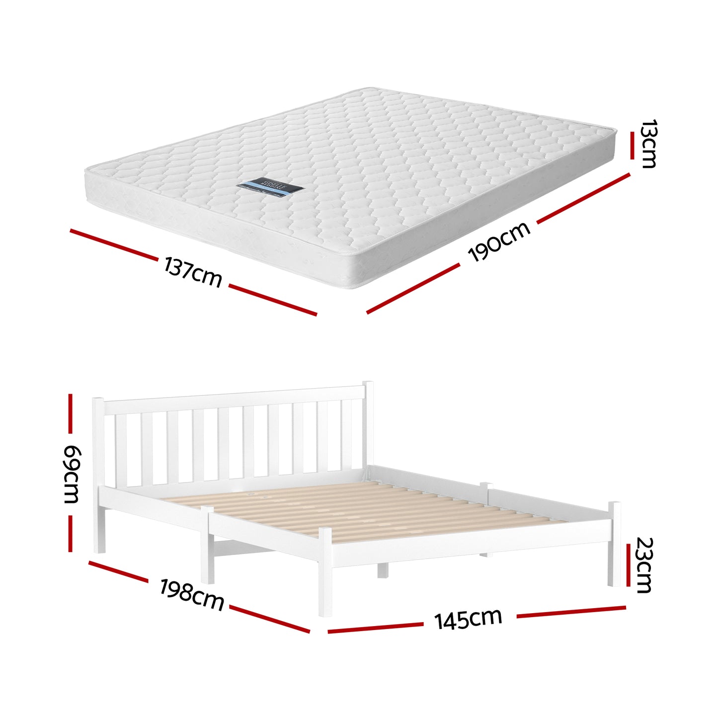 Jade Bed & Mattress Package with 13cm Mattress Wooden Timber Base - White Double