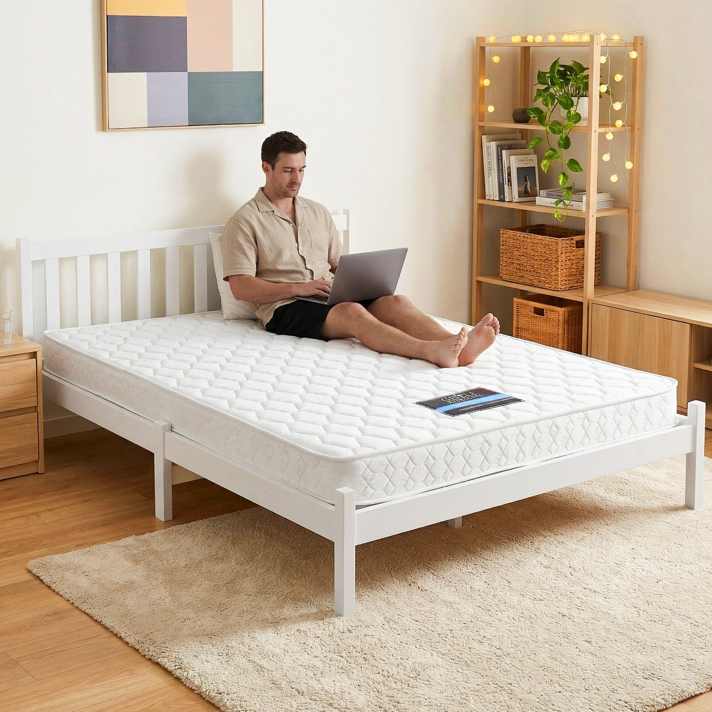 Jade Bed & Mattress Package with 13cm Mattress Wooden Timber Base - White Double