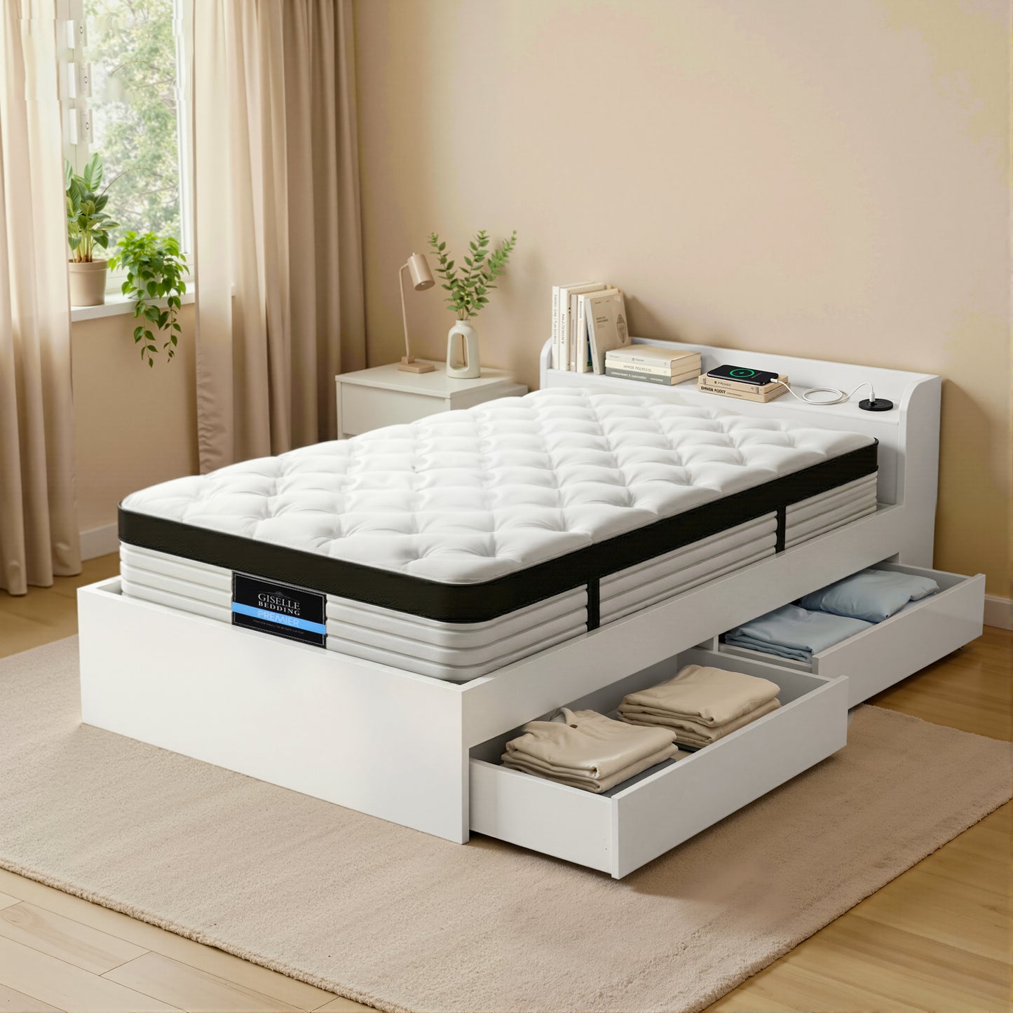 Lazulite Bed & Mattress Package with 31cm Mattress Wooden Storage 5-zone Pocket Spring - White Single