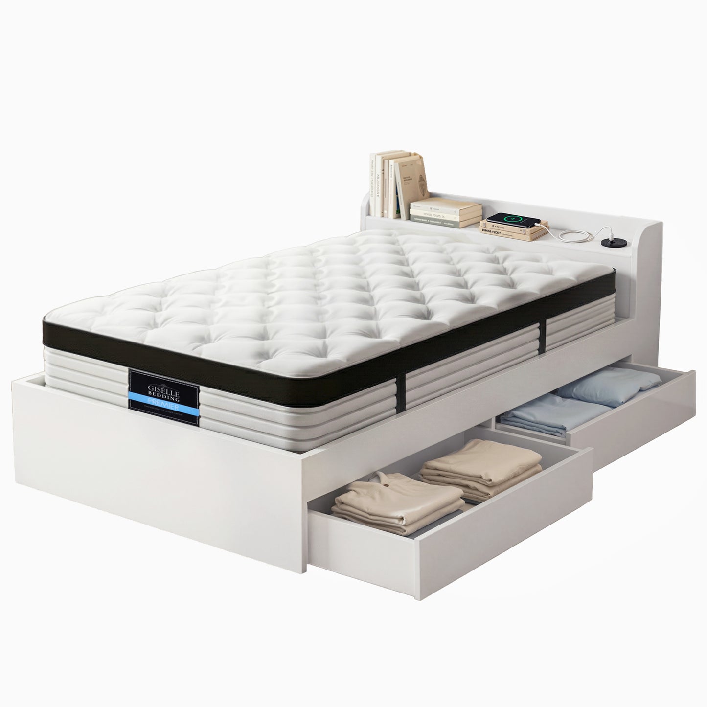 Lazulite Bed & Mattress Package with 31cm Mattress Wooden Storage 5-zone Pocket Spring - White Single