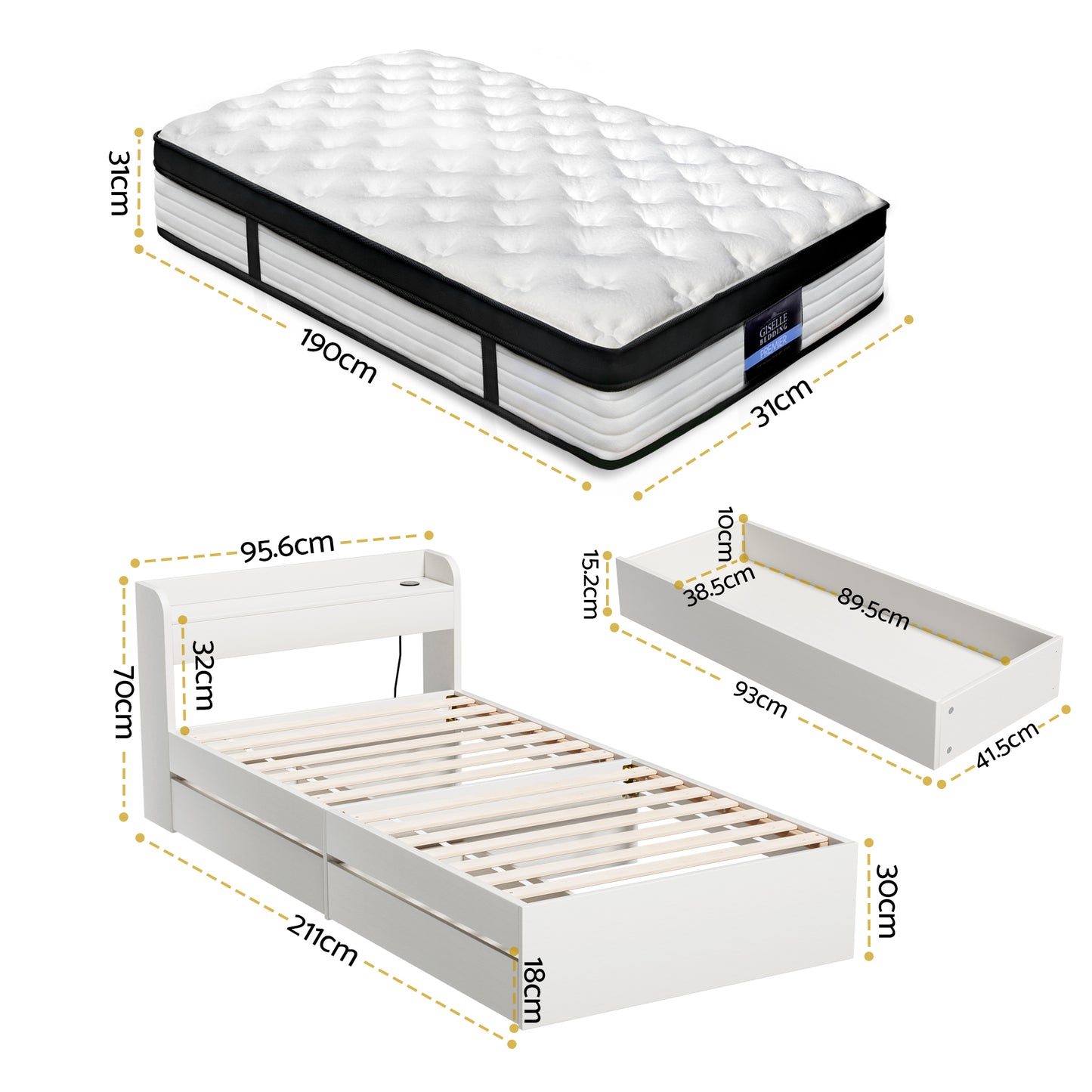 Lazulite Bed & Mattress Package with 31cm Mattress Wooden Storage 5-zone Pocket Spring - White Single