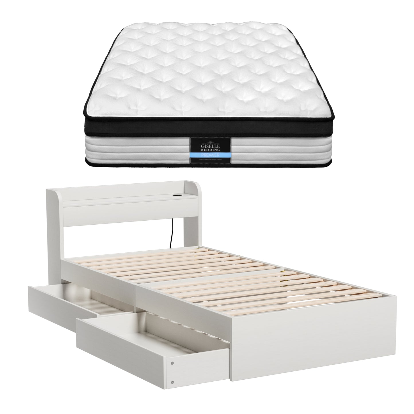 Lazulite Bed & Mattress Package with 31cm Mattress Wooden Storage 5-zone Pocket Spring - White Single