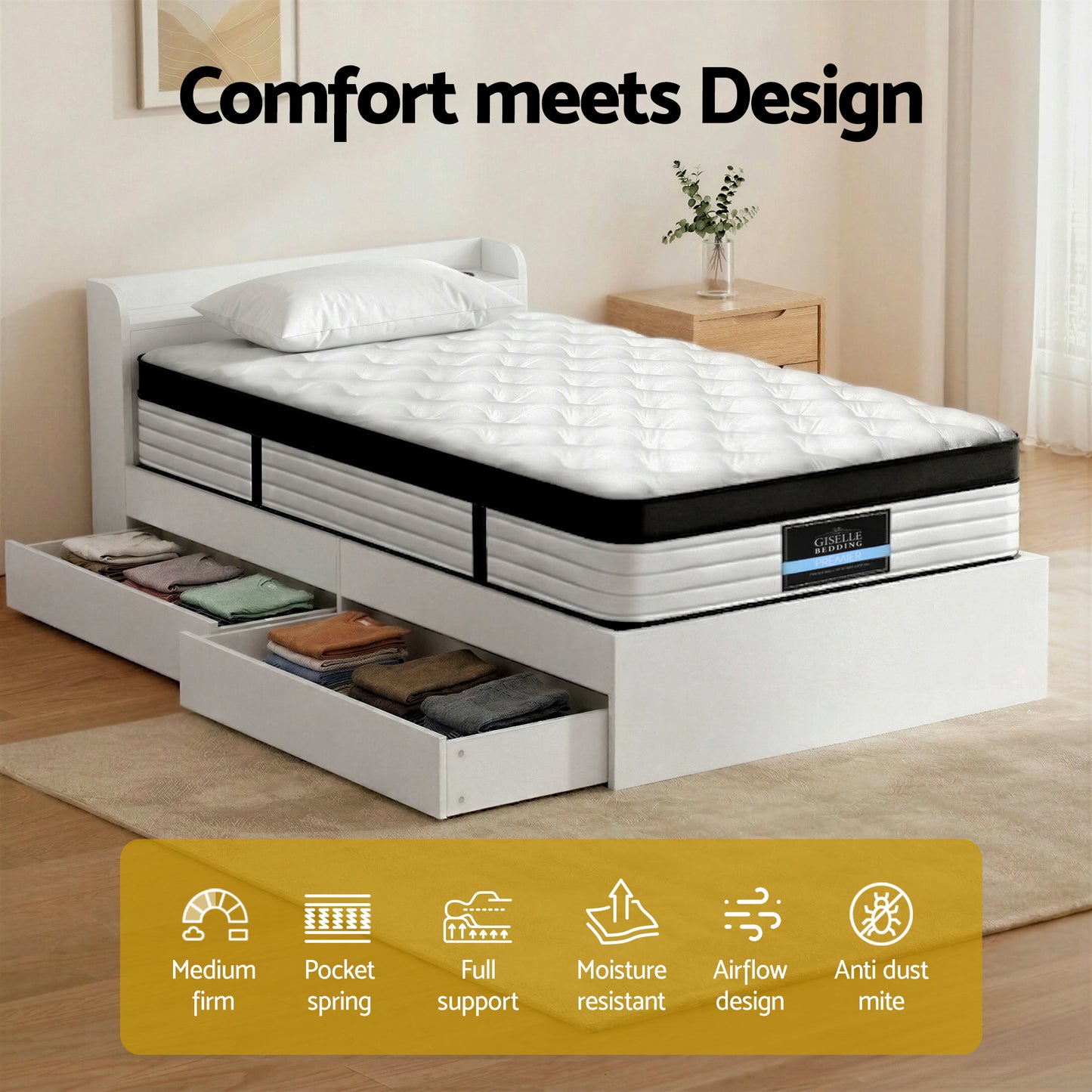 Lazulite Bed & Mattress Package with 31cm Mattress Wooden Storage 5-zone Pocket Spring - White Single