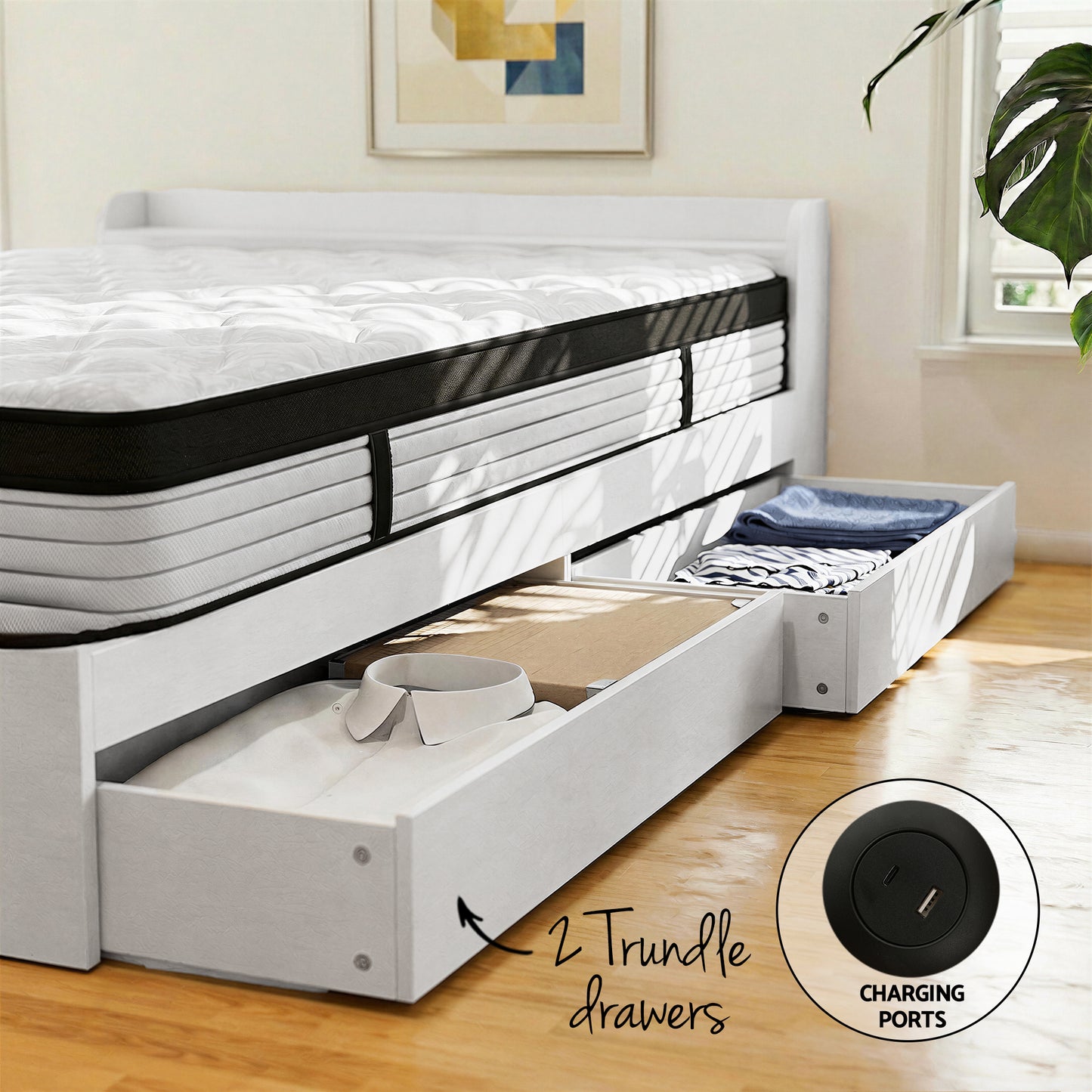 Lazulite Bed & Mattress Package with 31cm Mattress Wooden Storage 5-zone Pocket Spring - White Single