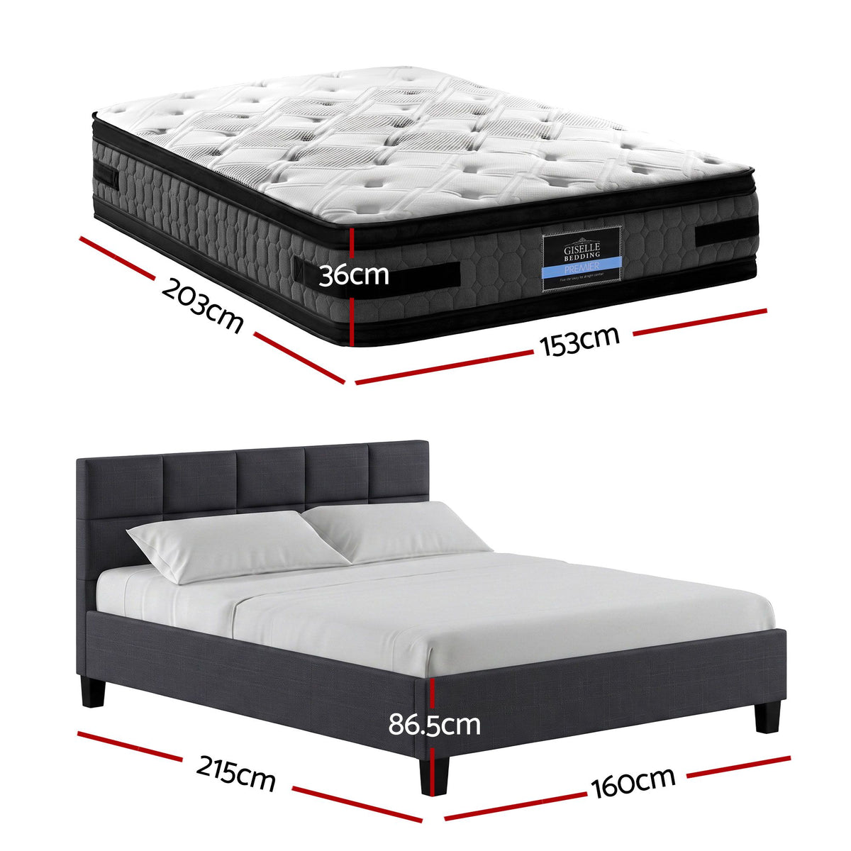 Jadeite Bed & Mattress Package with 36cm Mattress - Charcoal Queen