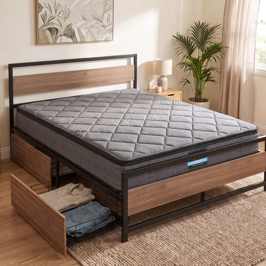 Spinel Bed & Mattress Package with 18cm Mattress Metal Bed Frame 2 drawers - Black Queen
