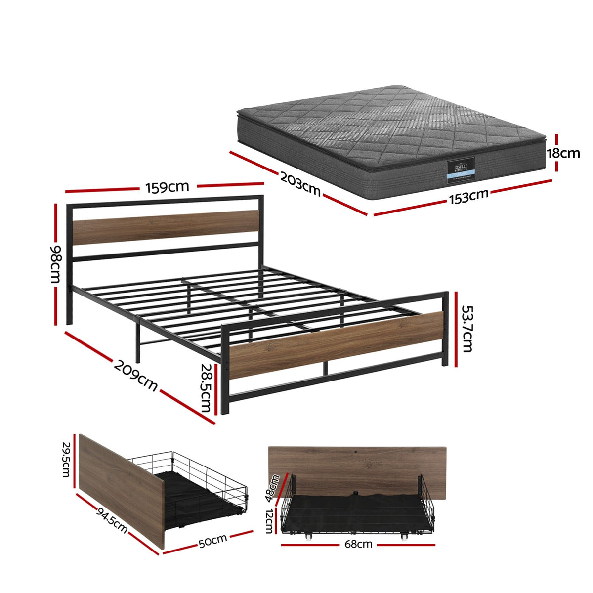 Spinel Bed & Mattress Package with 18cm Mattress Metal Bed Frame 2 drawers - Black Queen
