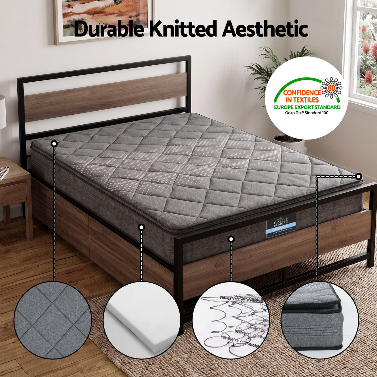 Spinel Bed & Mattress Package with 18cm Mattress Metal Bed Frame 2 drawers - Black Queen
