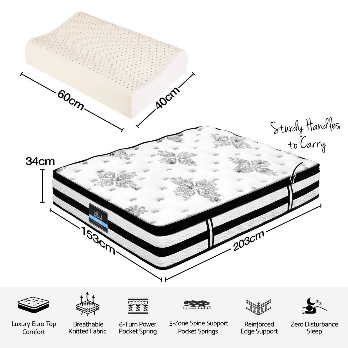 Leontine 34cm 5-Zone Euro Top Pocket Spring Mattress with 2 Natural Latex Contour Pillows - Queen