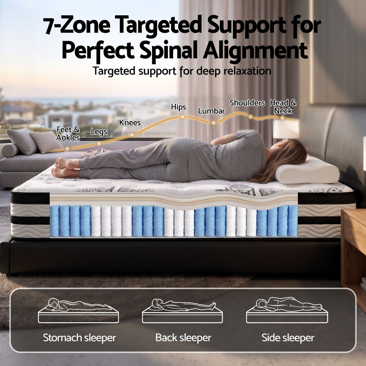 Leontine 34cm 5-Zone Euro Top Pocket Spring Mattress with 2 Natural Latex Contour Pillows - Queen