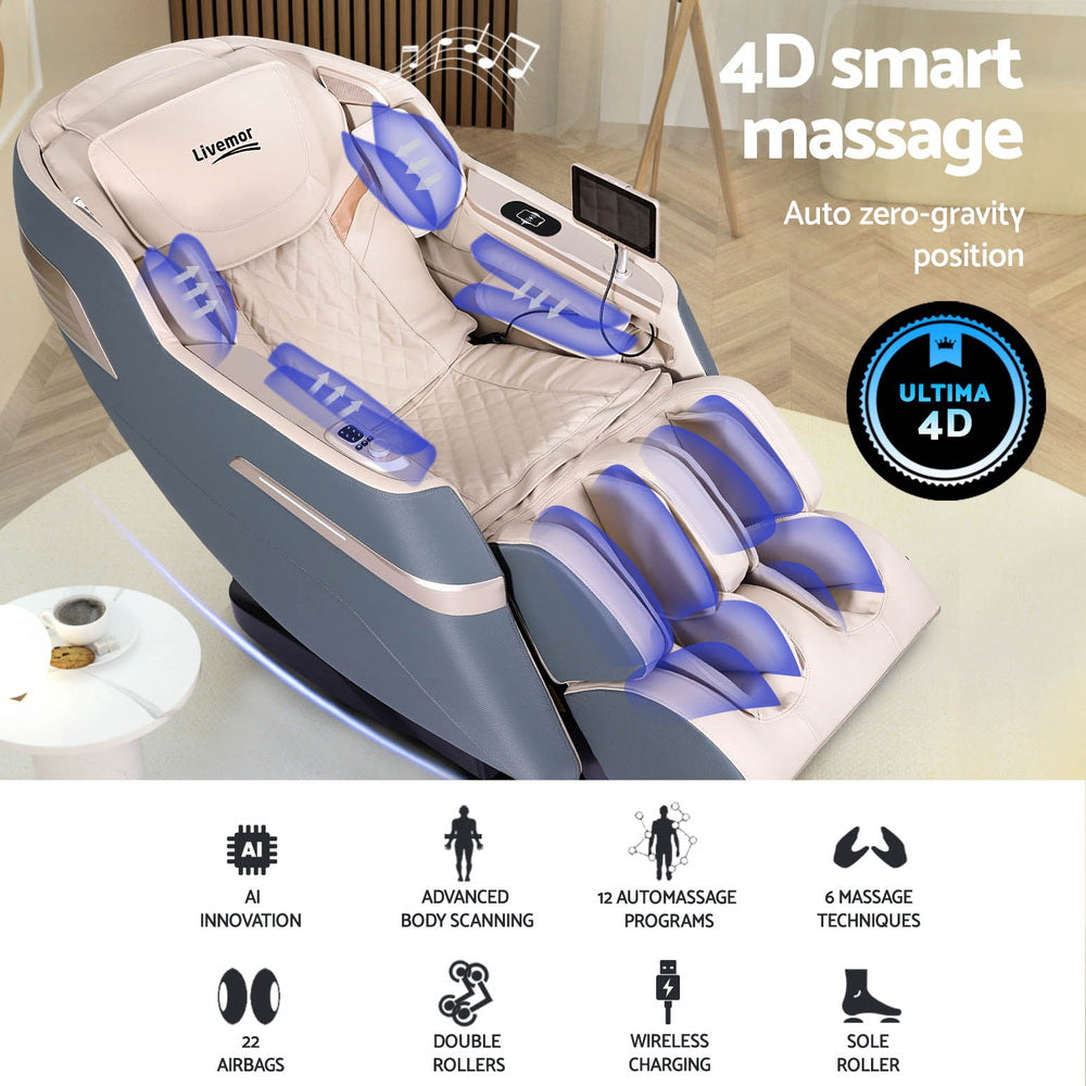 Gavrel 4D Massage Chair Recliner SL Track Full Body Zero Gravity Massager Heated AI Body Scan - Grey