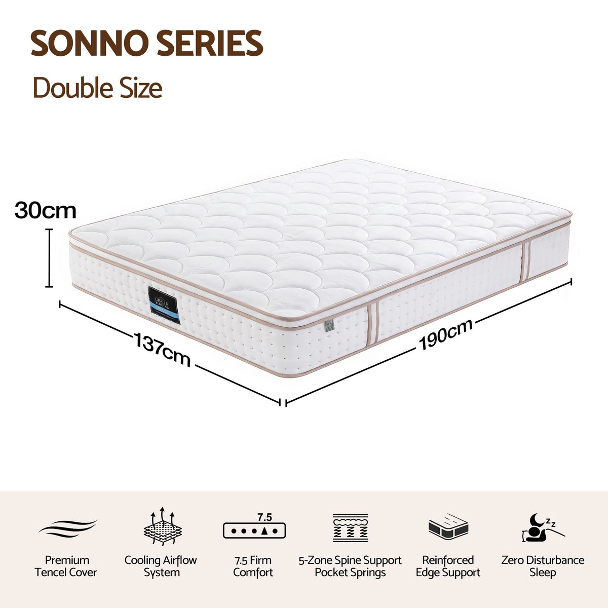 Cosima 30cm Spring Mattress Tencel Cover 5-Zone Euro Top Firm Back Support - Double