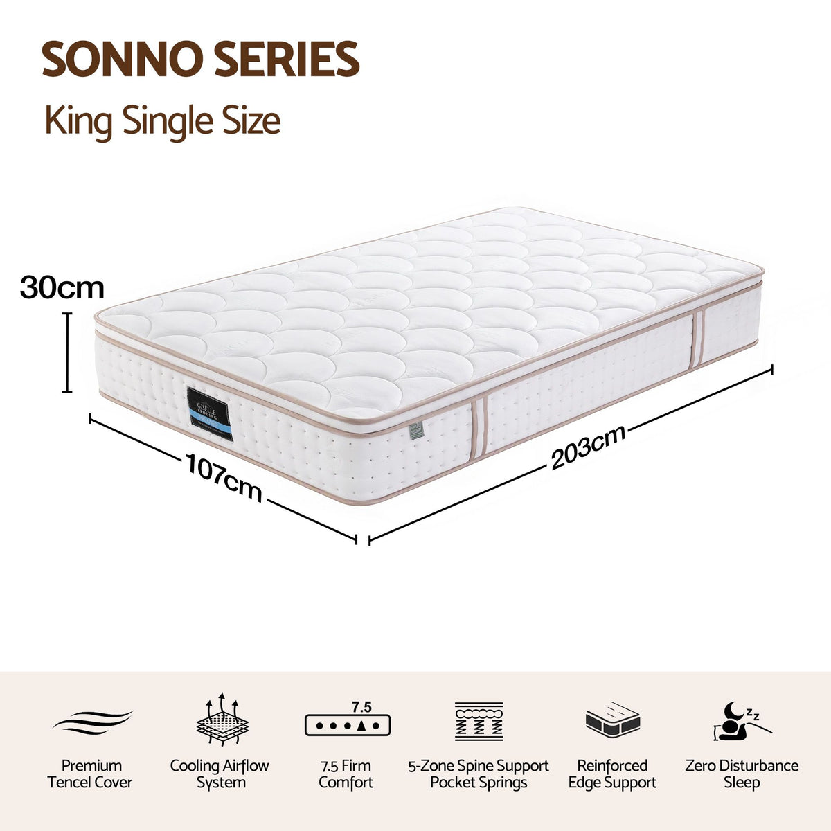 Cosima 30cm Spring Mattress Tencel Cover 5-Zone Euro Top Firm Back Support - King Single