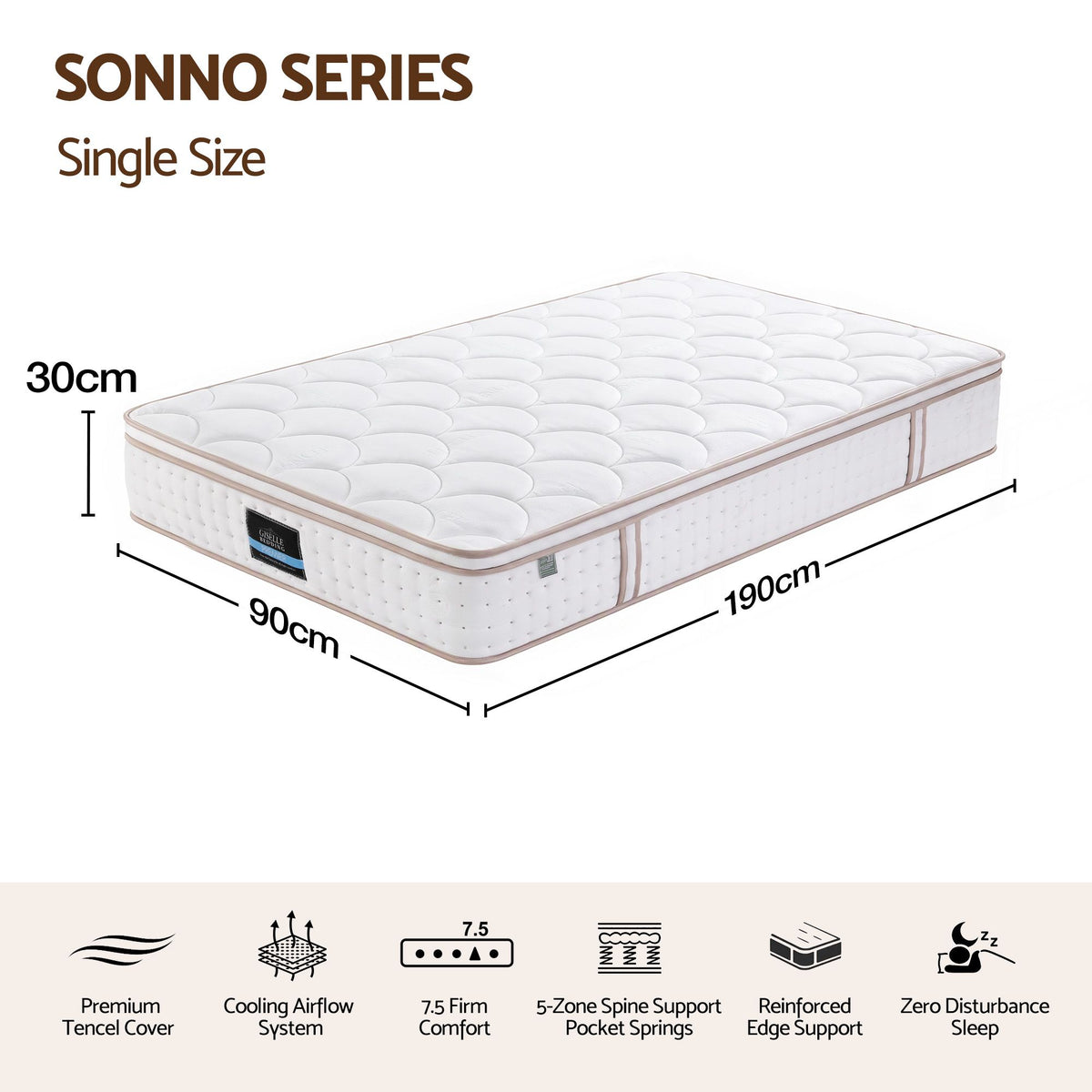 Cosima 30cm Spring Mattress Tencel Cover 5-Zone Euro Top Firm Back Support - Single