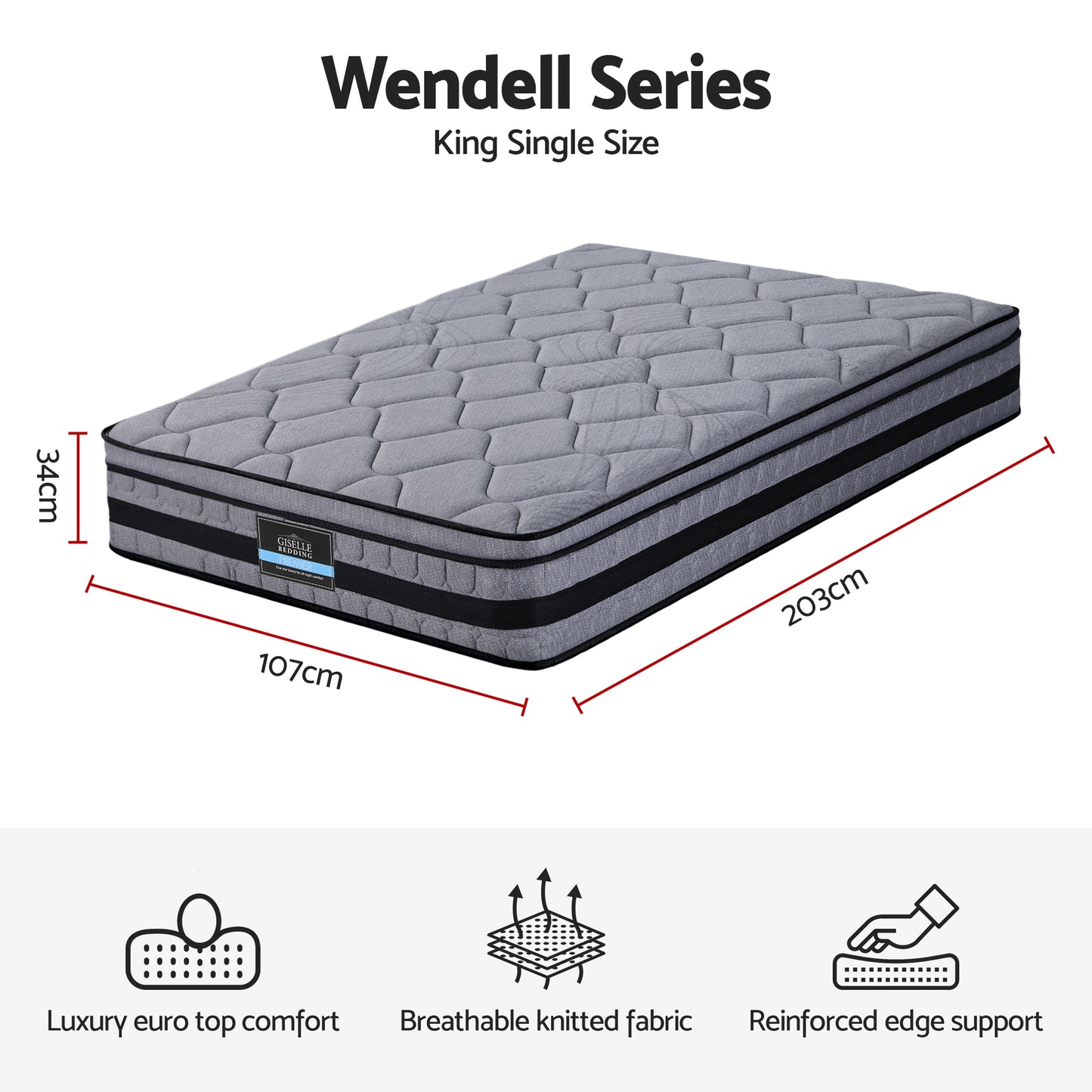Amara 34cm Mattress Hybrid, Pocket Spring Mattress - King Single