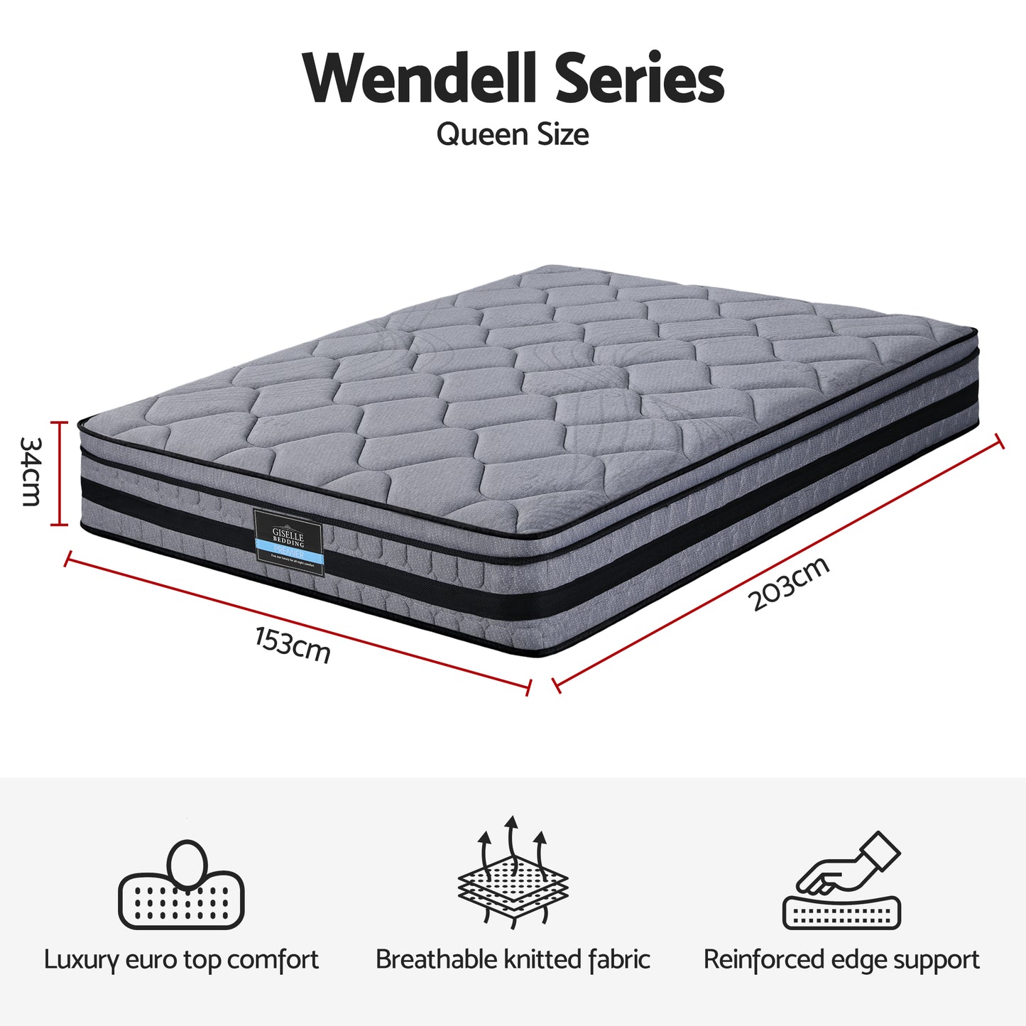 Amara 34cm Mattress Hybrid Pocket Spring Bed Mattress - Queen