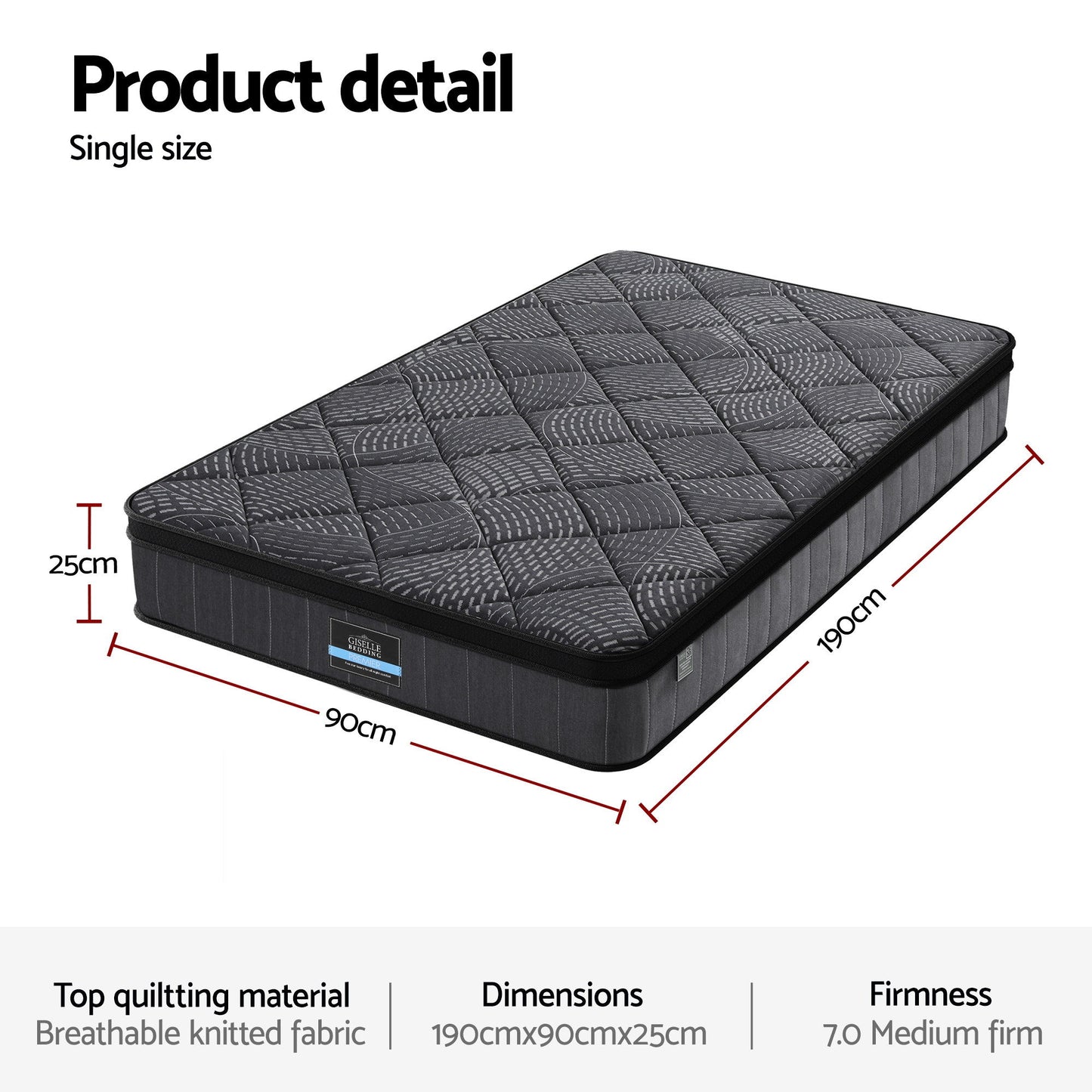 Zarek 25cm Mattress Pocket Spring Latex Euro Top Medium Firm - Single