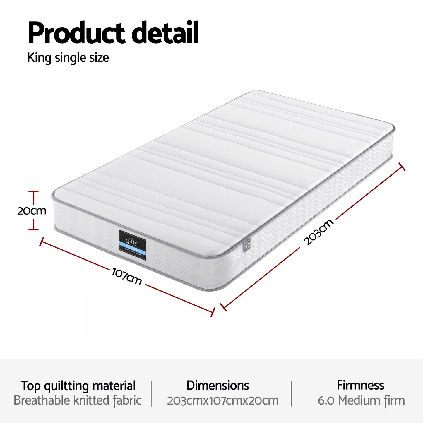 Naelis 20cm Mattress with Reinforced Edge Support Egg-Crate Foam - King Single