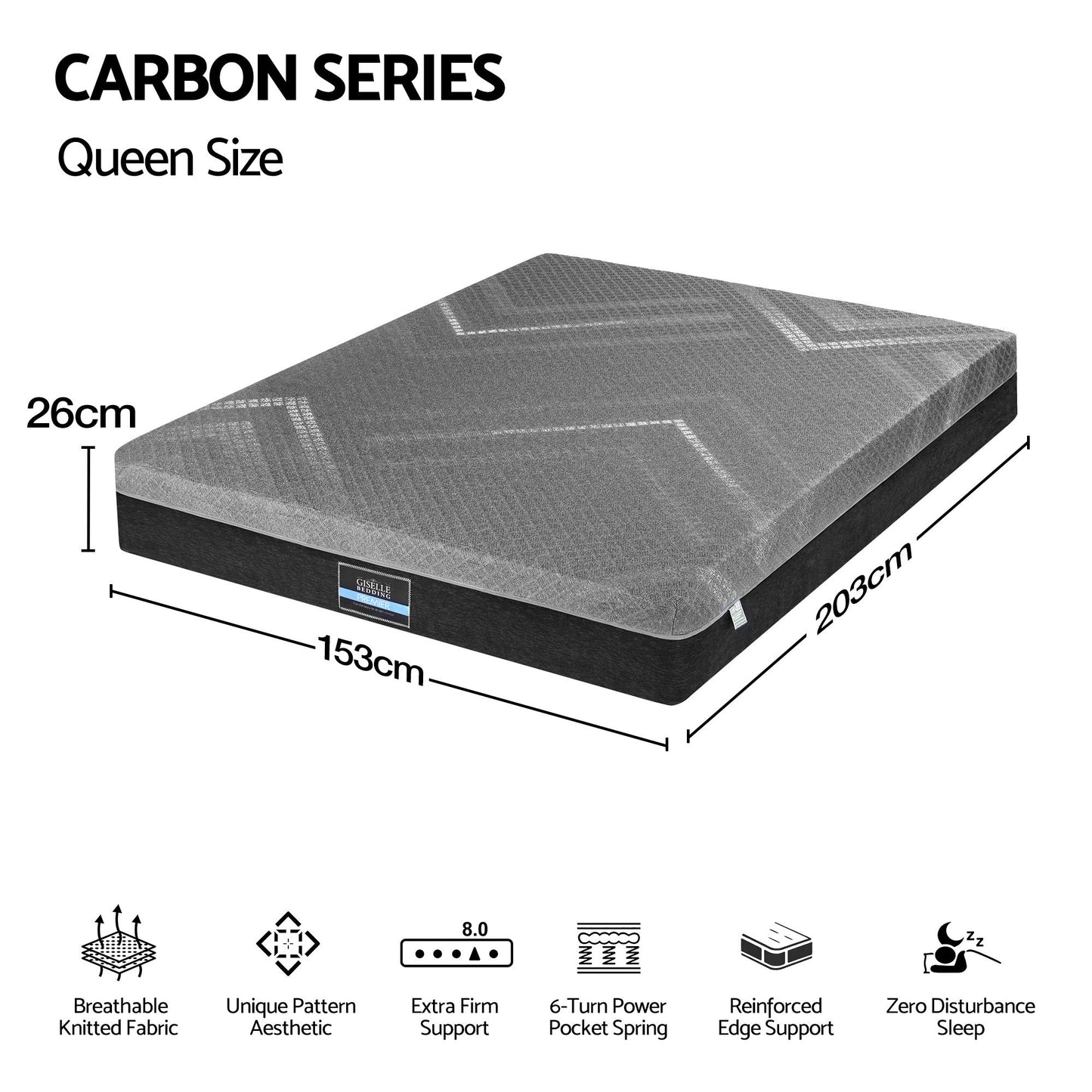 Bodin 26cm Mattress Firm Pocket Spring Dual Edge Support Dark Grey - Queen