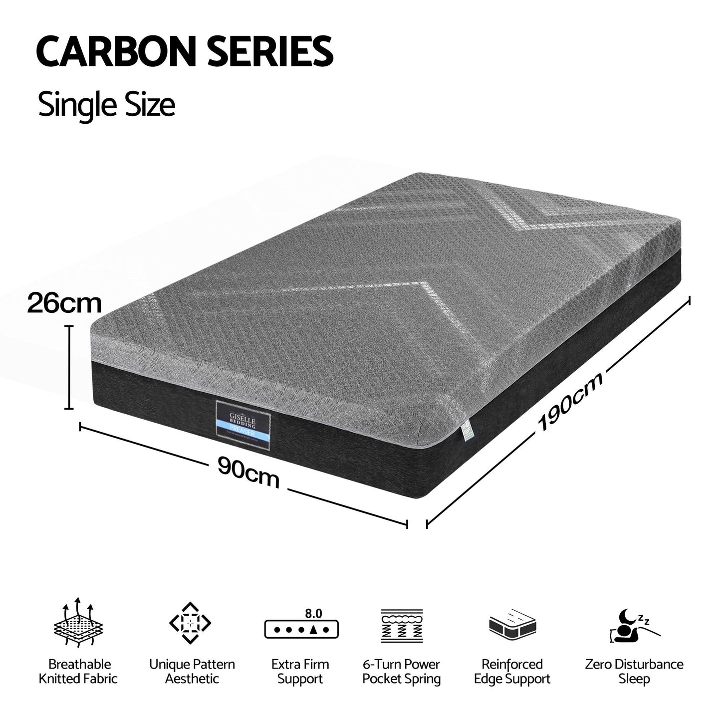 Bodin 26cm Mattress Firm Pocket Spring Dual Edge Support Dark Grey - Single