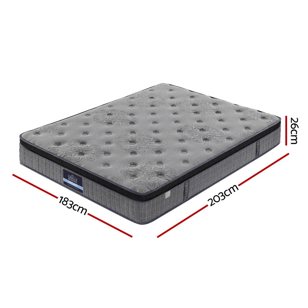 Gray mattress with dimensions marked on a white background