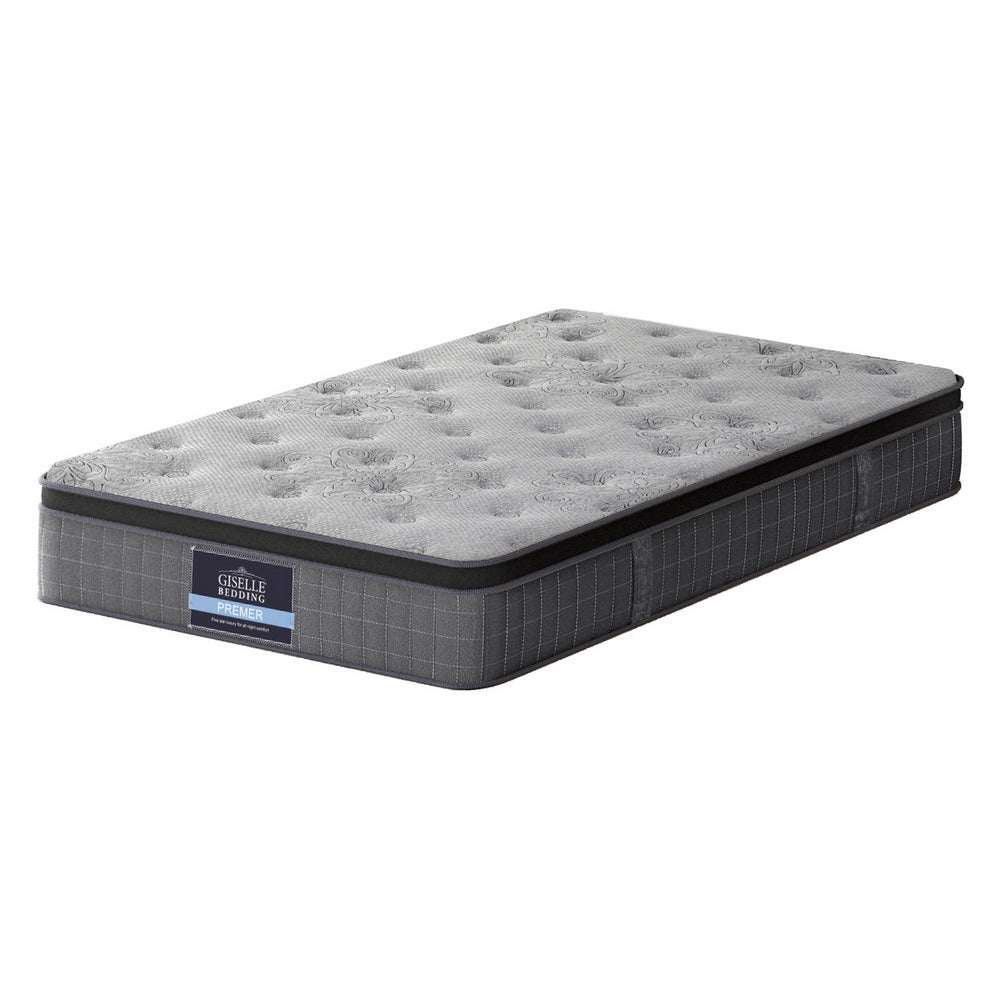 Gray mattress with brand label on a white background