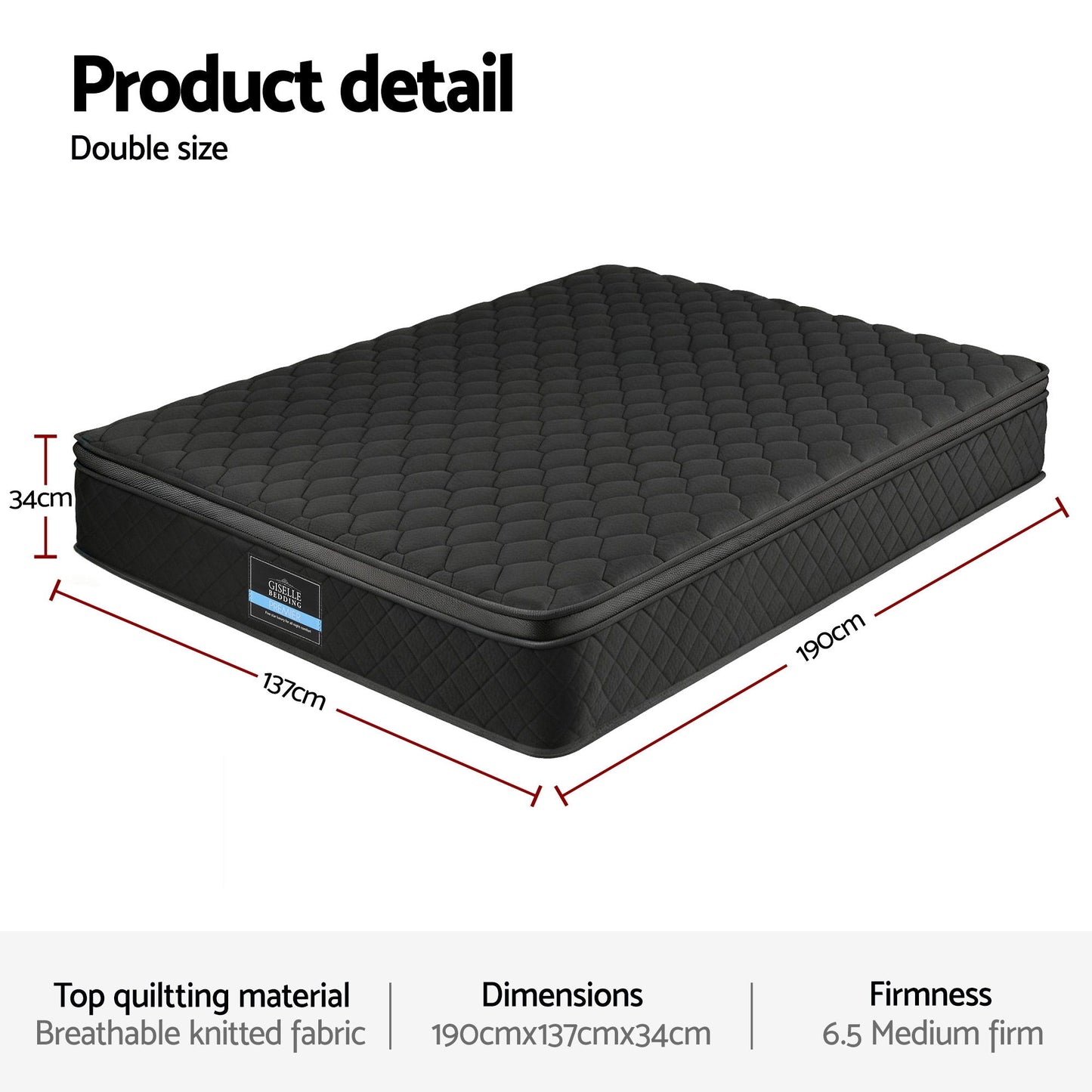 Aven 34cm Mattress Euro Top with 5-Zone Pocket Spring Support Black - Double