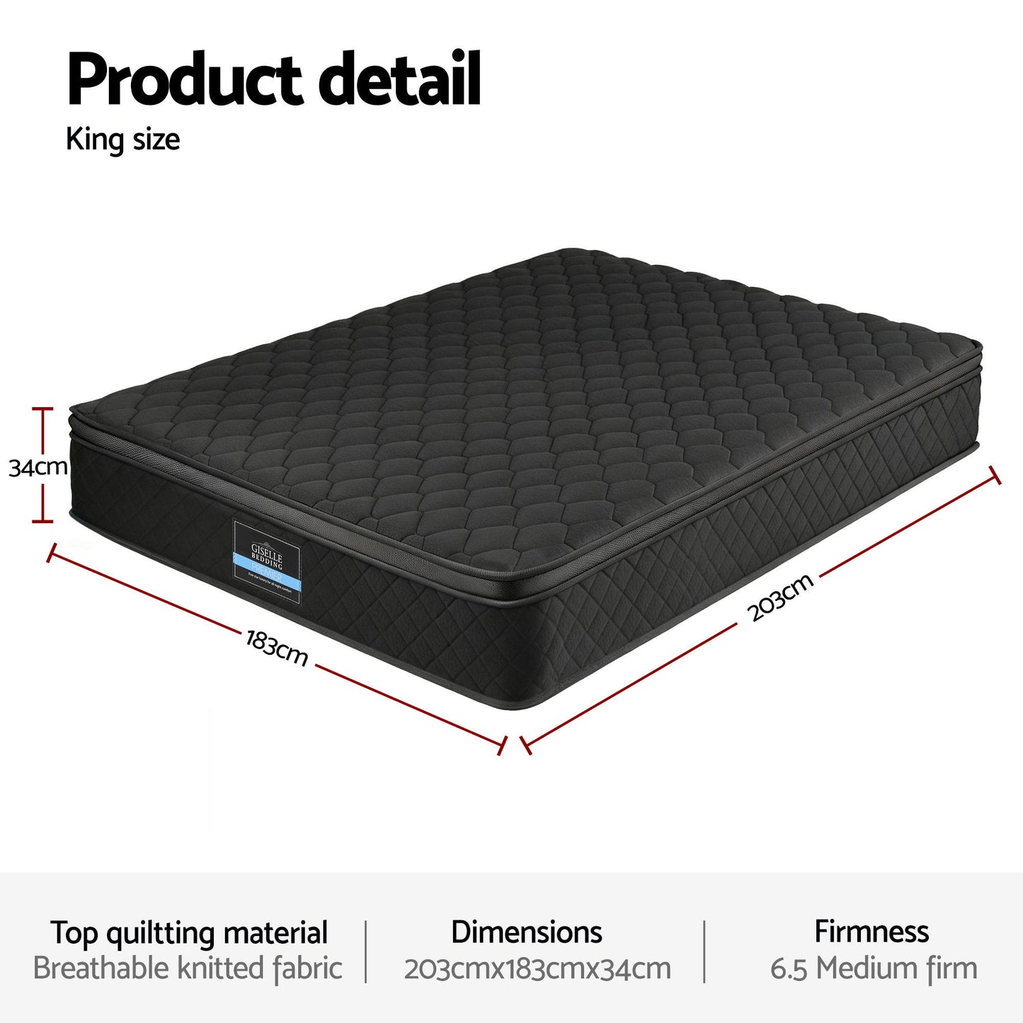 Aven 34cm Mattress Euro Top with 5-Zone Pocket Spring Support Black - King