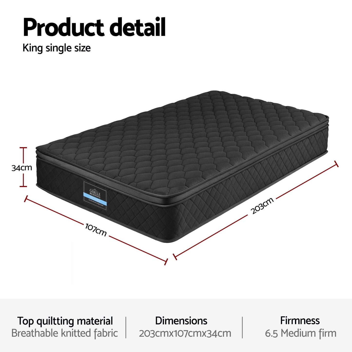 Aven 34cm Mattress Euro Top with 5-Zone Pocket Spring Support Black - King Single