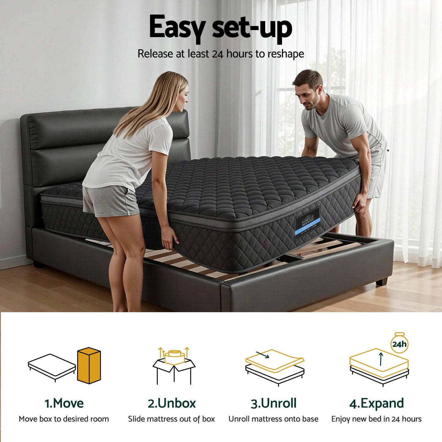 Aven 34cm Mattress Euro Top with 5-Zone Pocket Spring Support Black - King Single