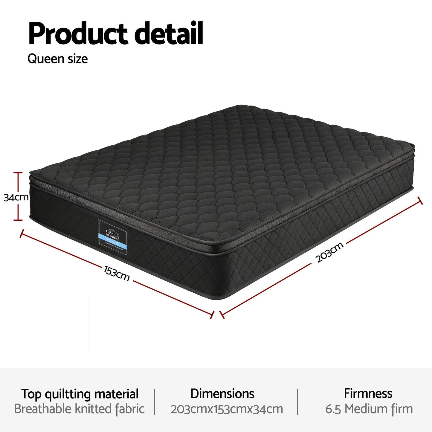 Aven 34cm Mattress Euro Top with 5-Zone Pocket Spring Support Black - Queen