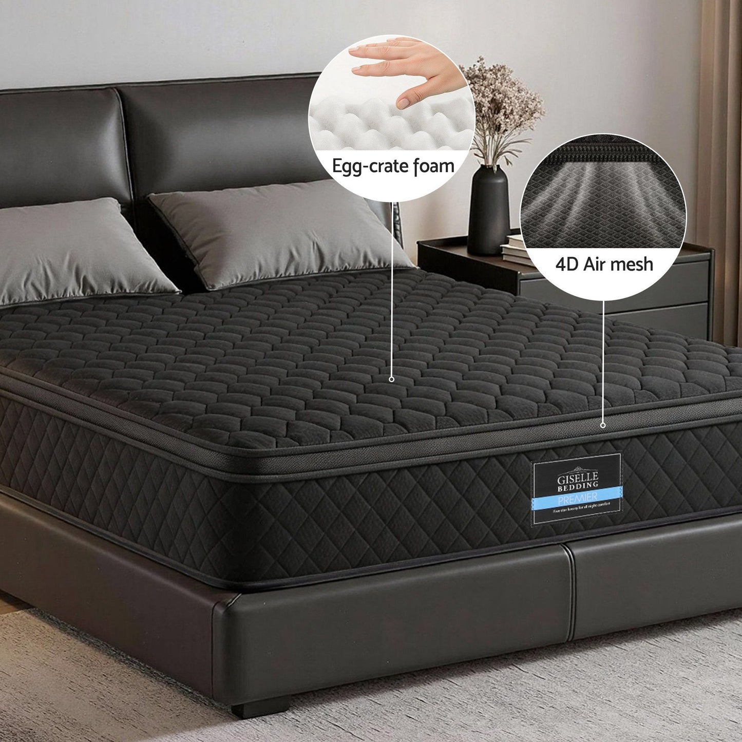 Aven 34cm Mattress Euro Top with 5-Zone Pocket Spring Support Black - Queen
