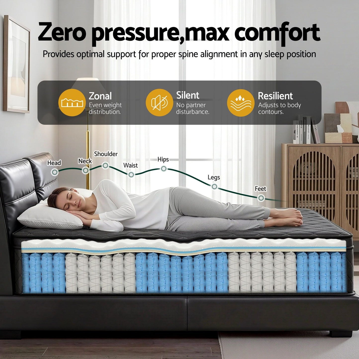 Aven 34cm Mattress Euro Top with 5-Zone Pocket Spring Support Black - Queen