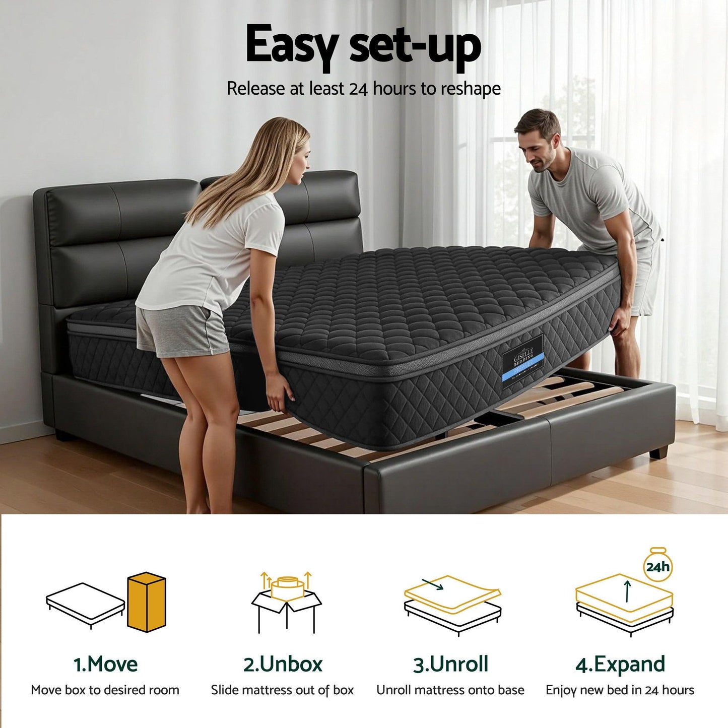 Aven 34cm Mattress Euro Top with 5-Zone Pocket Spring Support Black - Queen