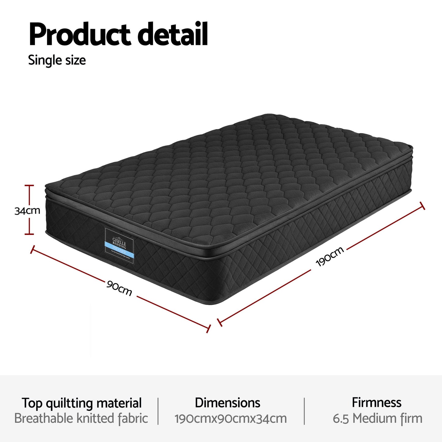 Aven 34cm Mattress Euro Top with 5-Zone Pocket Spring Support Black - Single