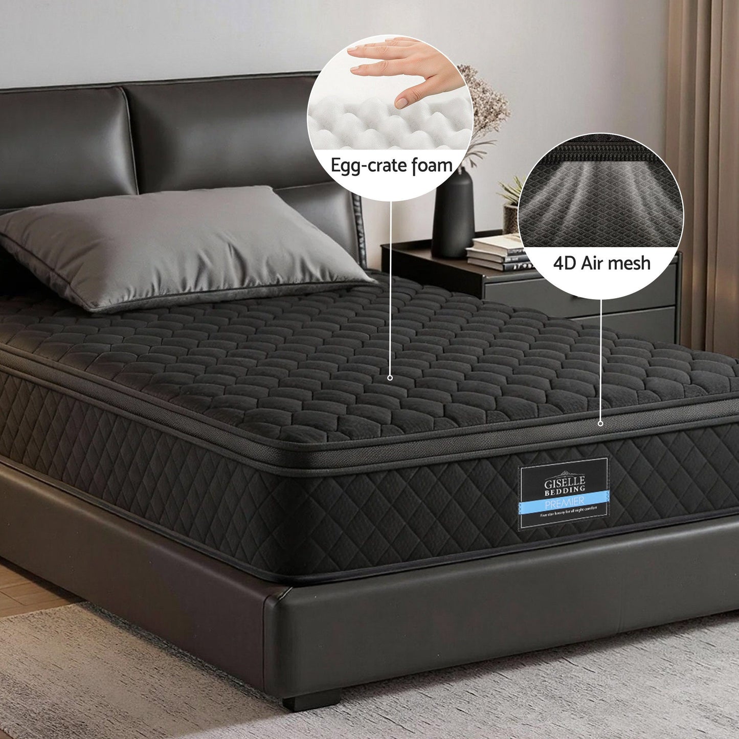 Aven 34cm Mattress Euro Top with 5-Zone Pocket Spring Support Black - Single