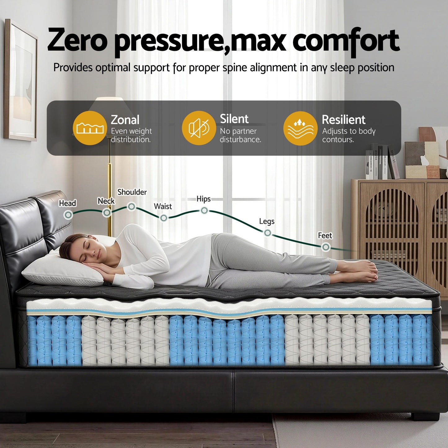Aven 34cm Mattress Euro Top with 5-Zone Pocket Spring Support Black - Single