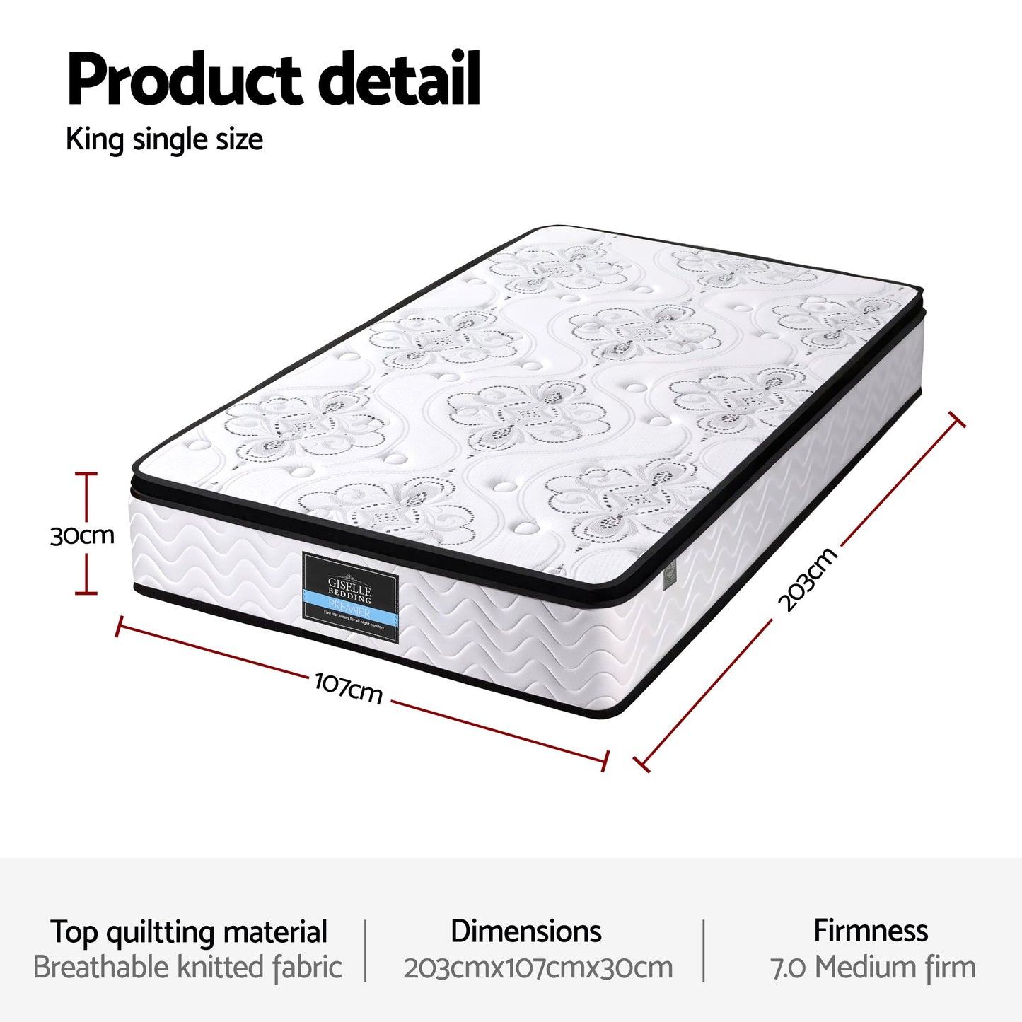 Alina 30cm Mattress Pocket Spring Euro Top Medium Firm Foam - King Single