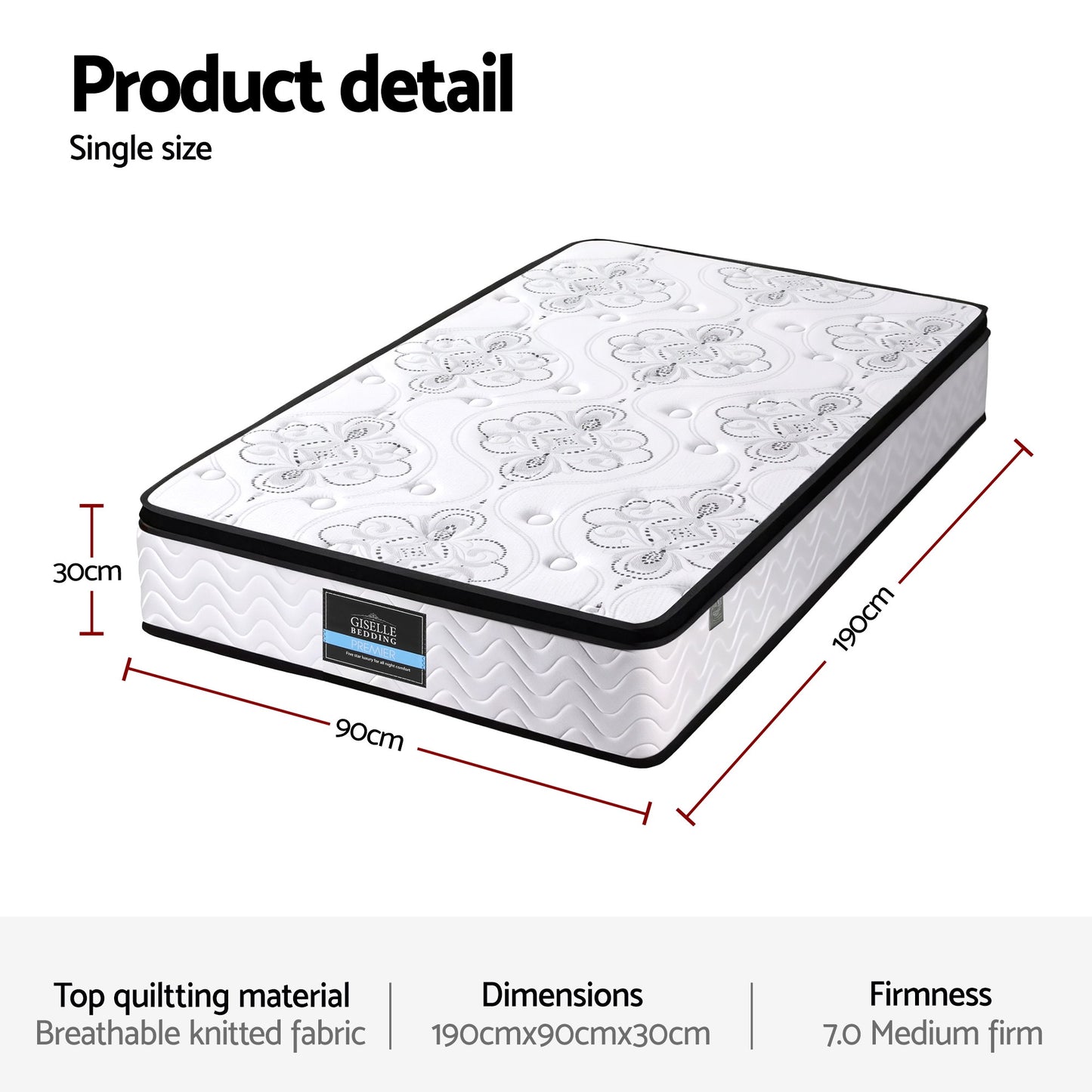 Alina 30cm Mattress Pocket Spring Euro Top Medium Firm Foam - Single