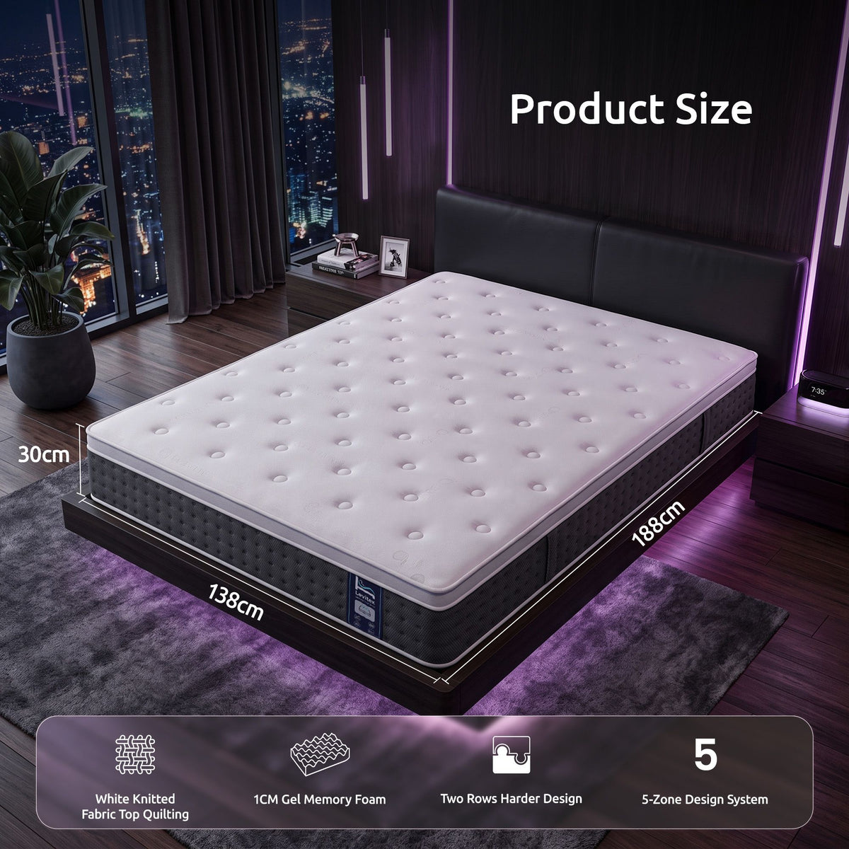 Afton 30cm Mattress Lumbar Support 5-Zone Pocket Springs Cooling Gel Memory & Egg-Crate Foam - Double