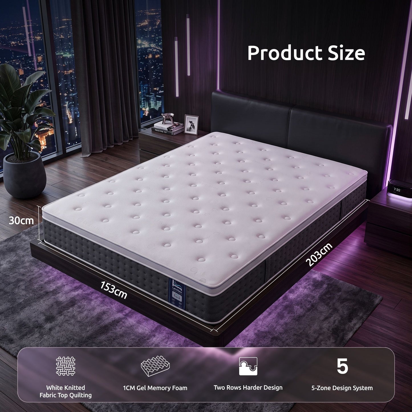 Afton 30cm Mattress Lumbar Support 5-Zone Pocket Springs Cooling Gel Memory & Egg-Crate Foam - Queen