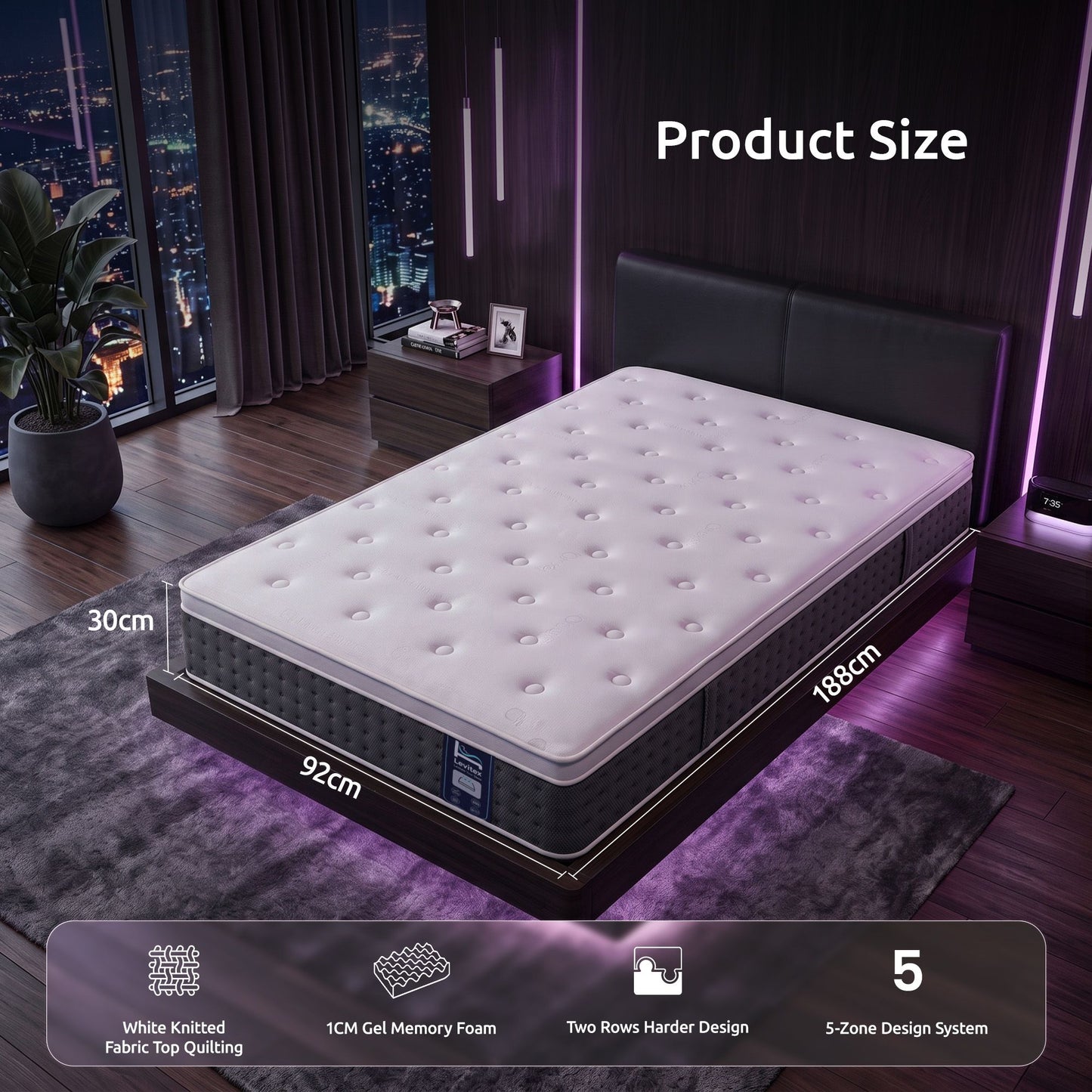 Afton 30cm Mattress Lumbar Support 5-Zone Pocket Springs Cooling Gel Memory & Egg-Crate Foam - Single