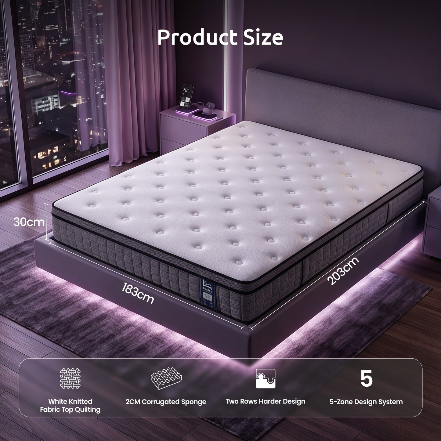Lennox 30cm Mattress 2 5-Zone Ergonomic Pocket Spring Breathable Corrugated Sponge Medium Firm - King