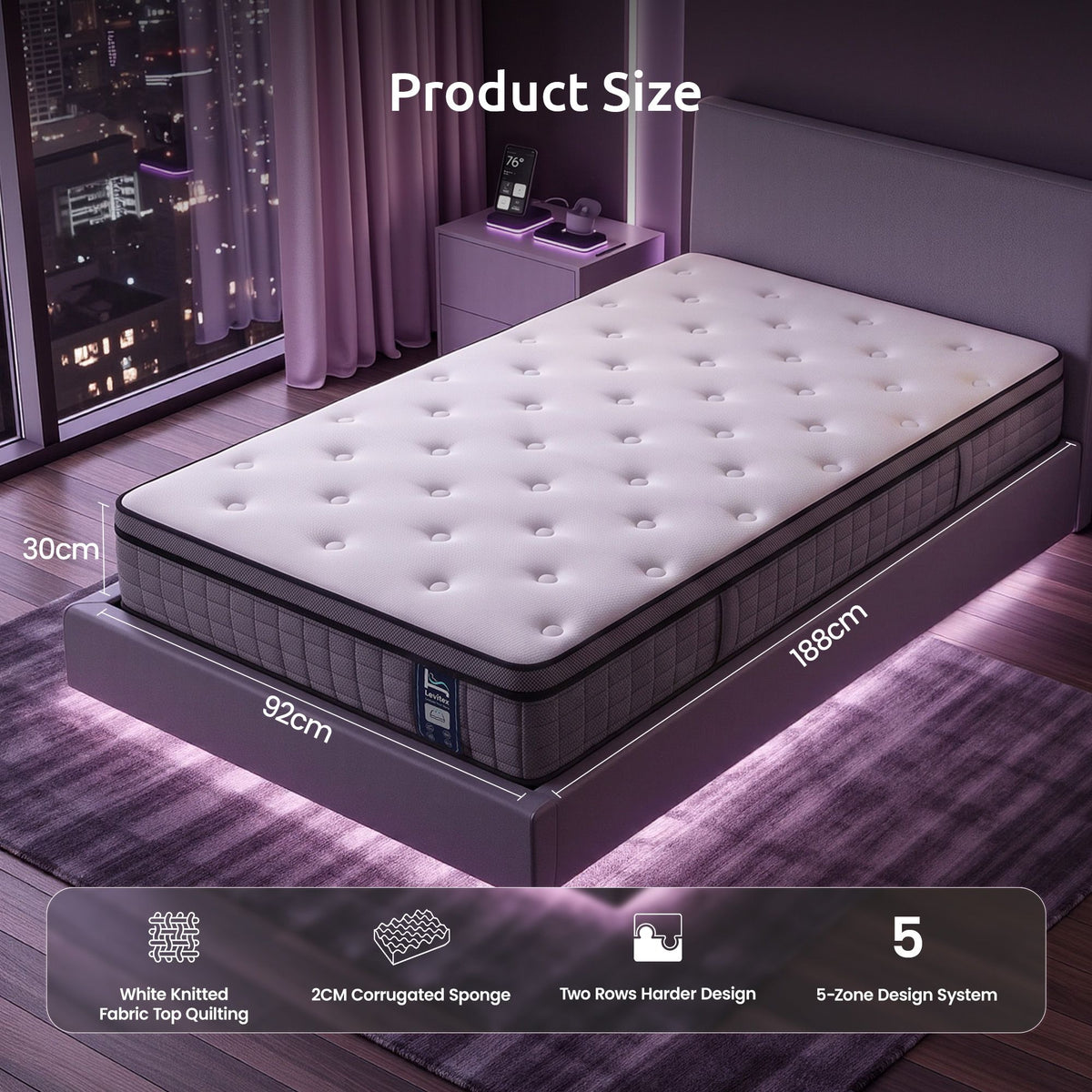 Lennox 30cm Mattress 2 5-Zone Ergonomic Pocket Spring Breathable Corrugated Sponge Medium Firm - Single