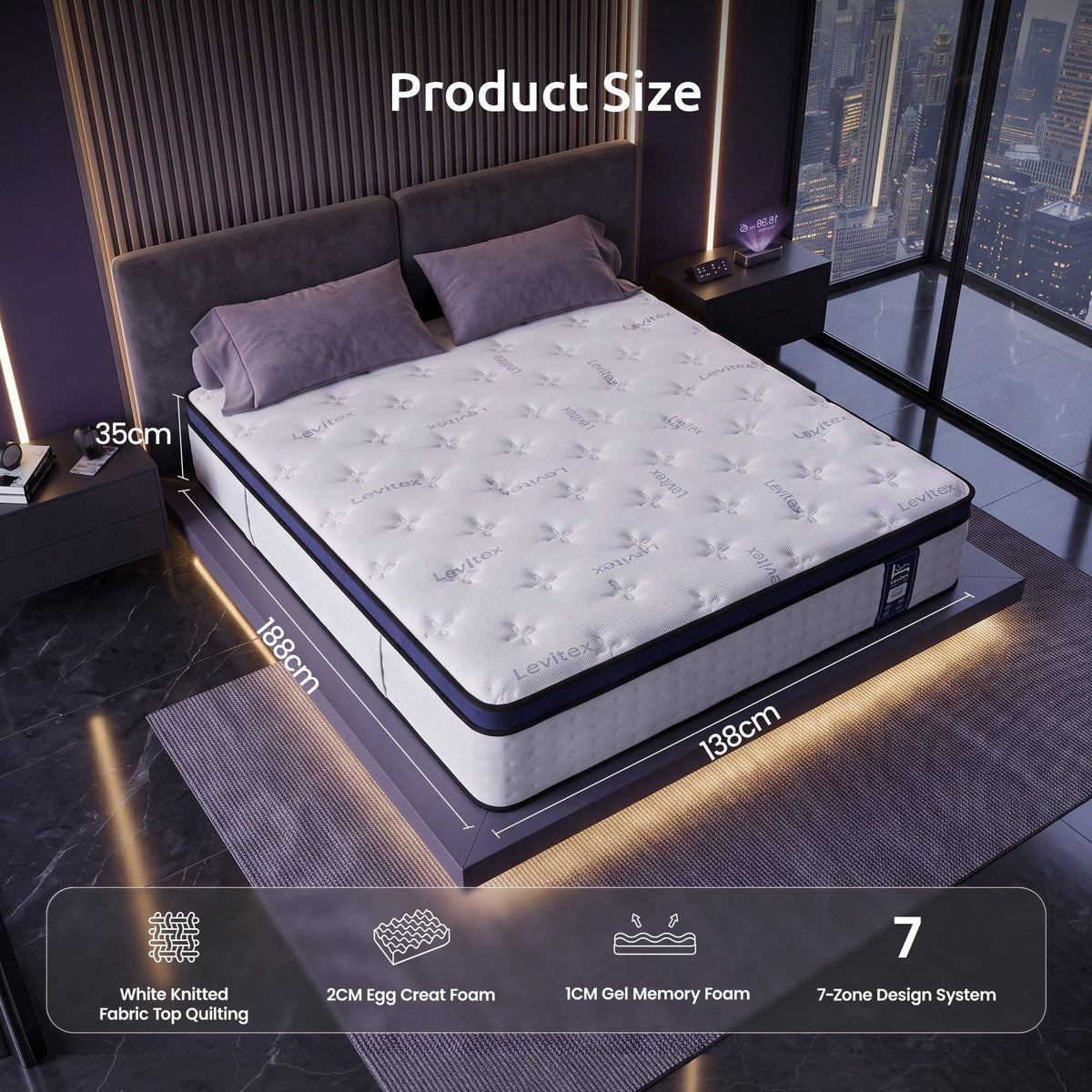 Arlette 35cm  Mattresses Gel Memory Foam and 7-Zone Ergonomic Pocket Spring Triple Cooling System - Double