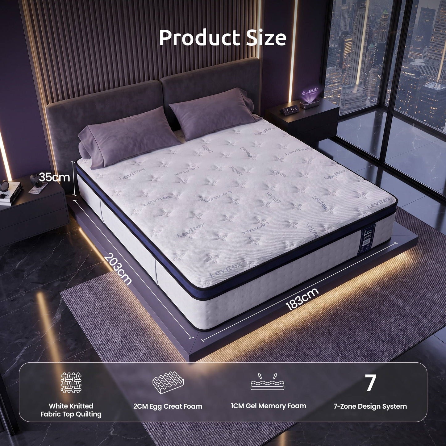 Arlette 35cm  Mattresses Gel Memory Foam and 7-Zone Ergonomic Pocket Spring Triple Cooling System - King