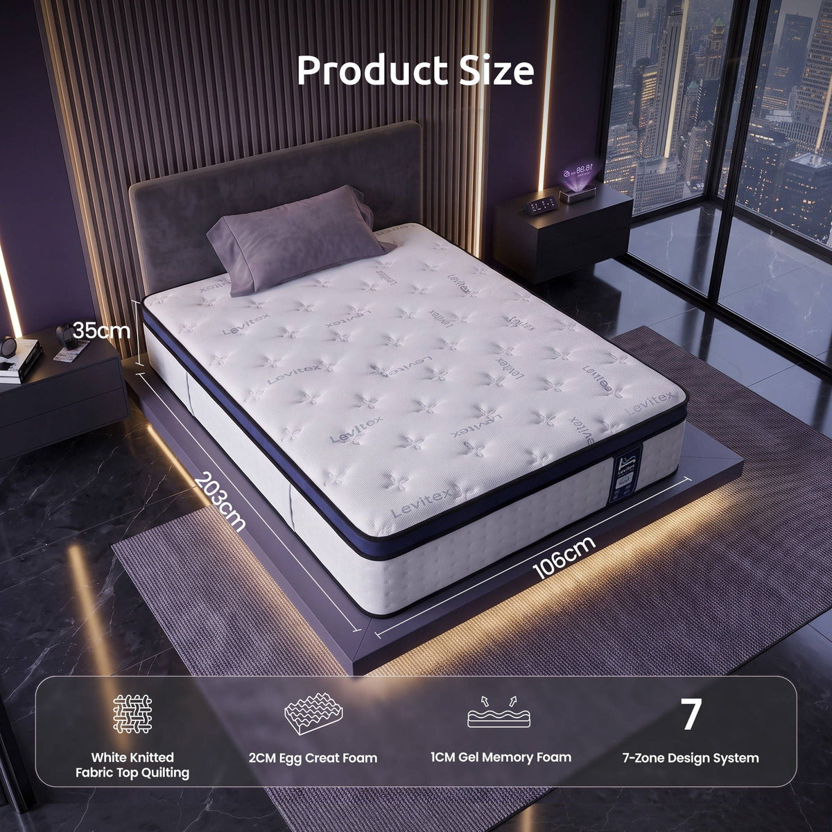 Arlette 35cm  Mattresses Gel Memory Foam and 7-Zone Ergonomic Pocket Spring Triple Cooling System - King Single