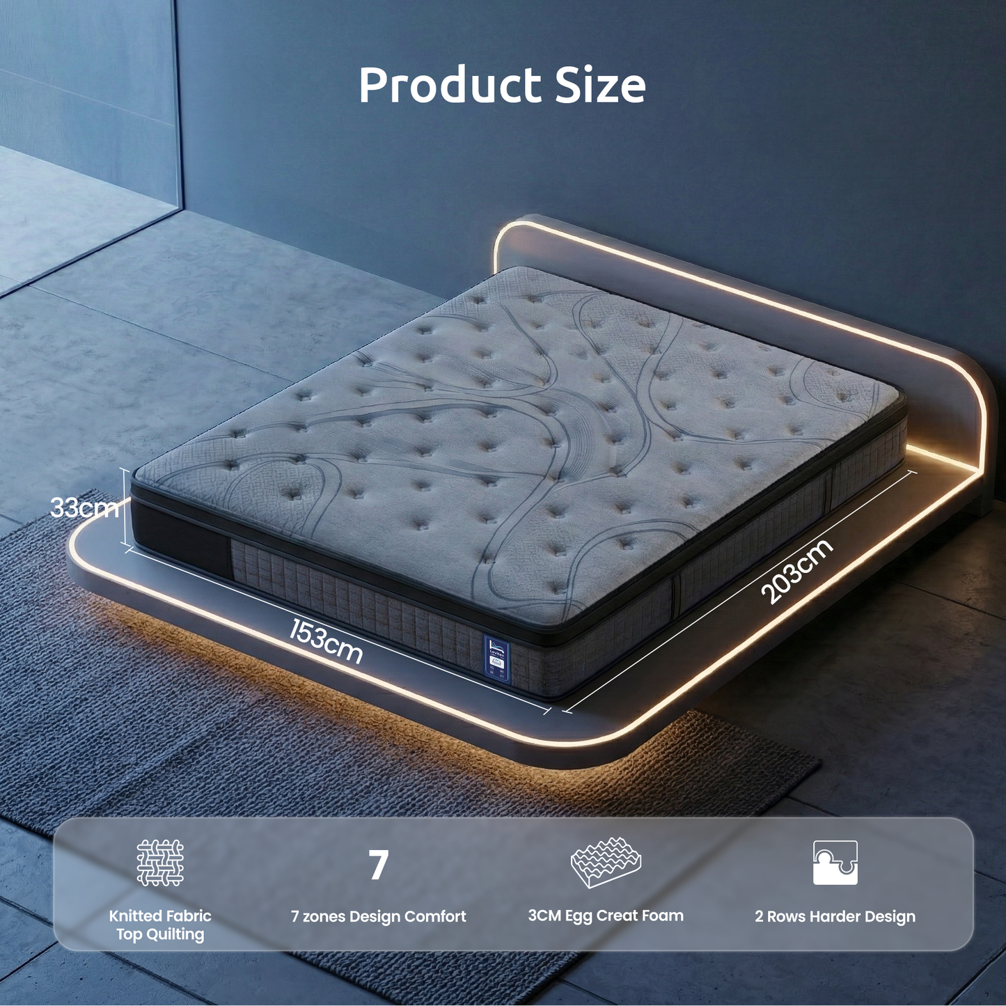Cillian 33cm Levitex Mattress 7-Zone Pocket Spring 8.0 Extra Firm with Dual-Row Edge Support & Breathable Knit Cover - Queen