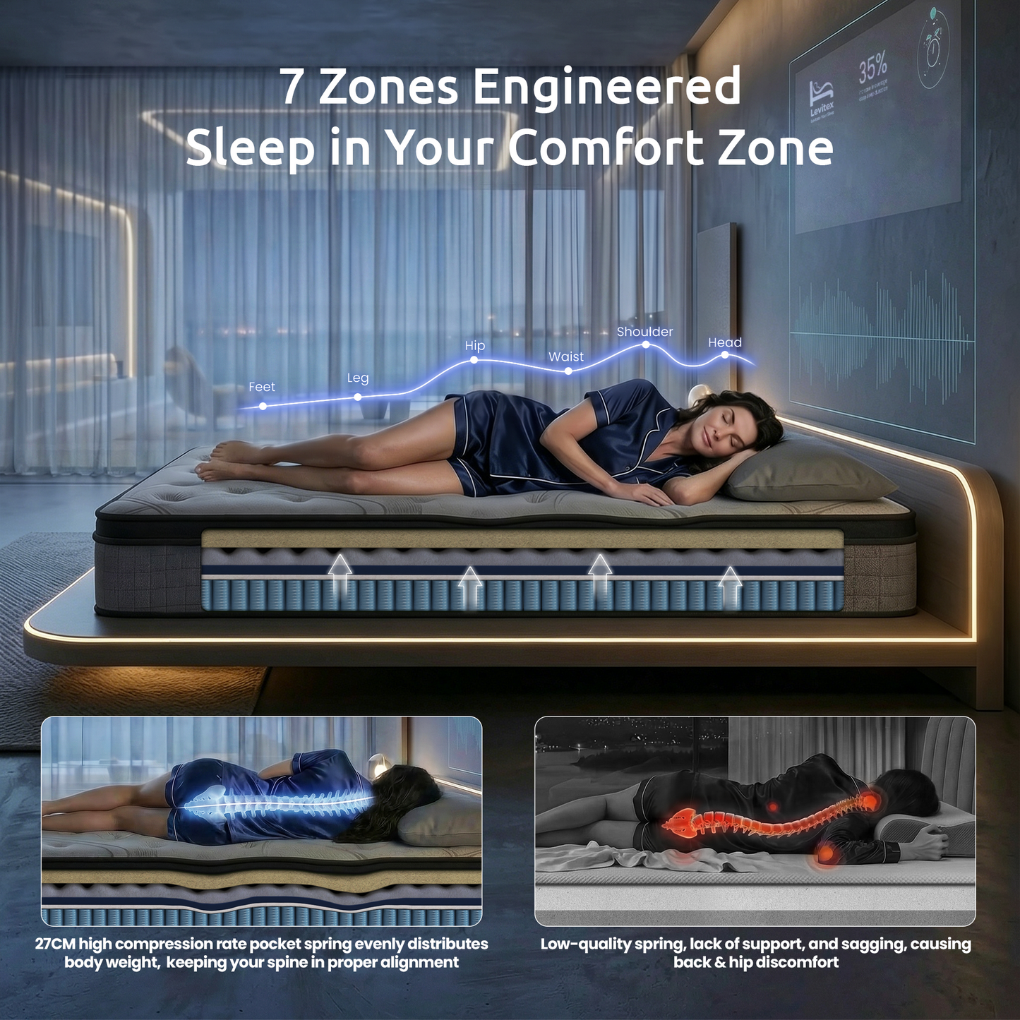 Cillian 33cm Levitex Mattress 7-Zone Pocket Spring 8.0 Extra Firm with Dual-Row Edge Support & Breathable Knit Cover - Queen